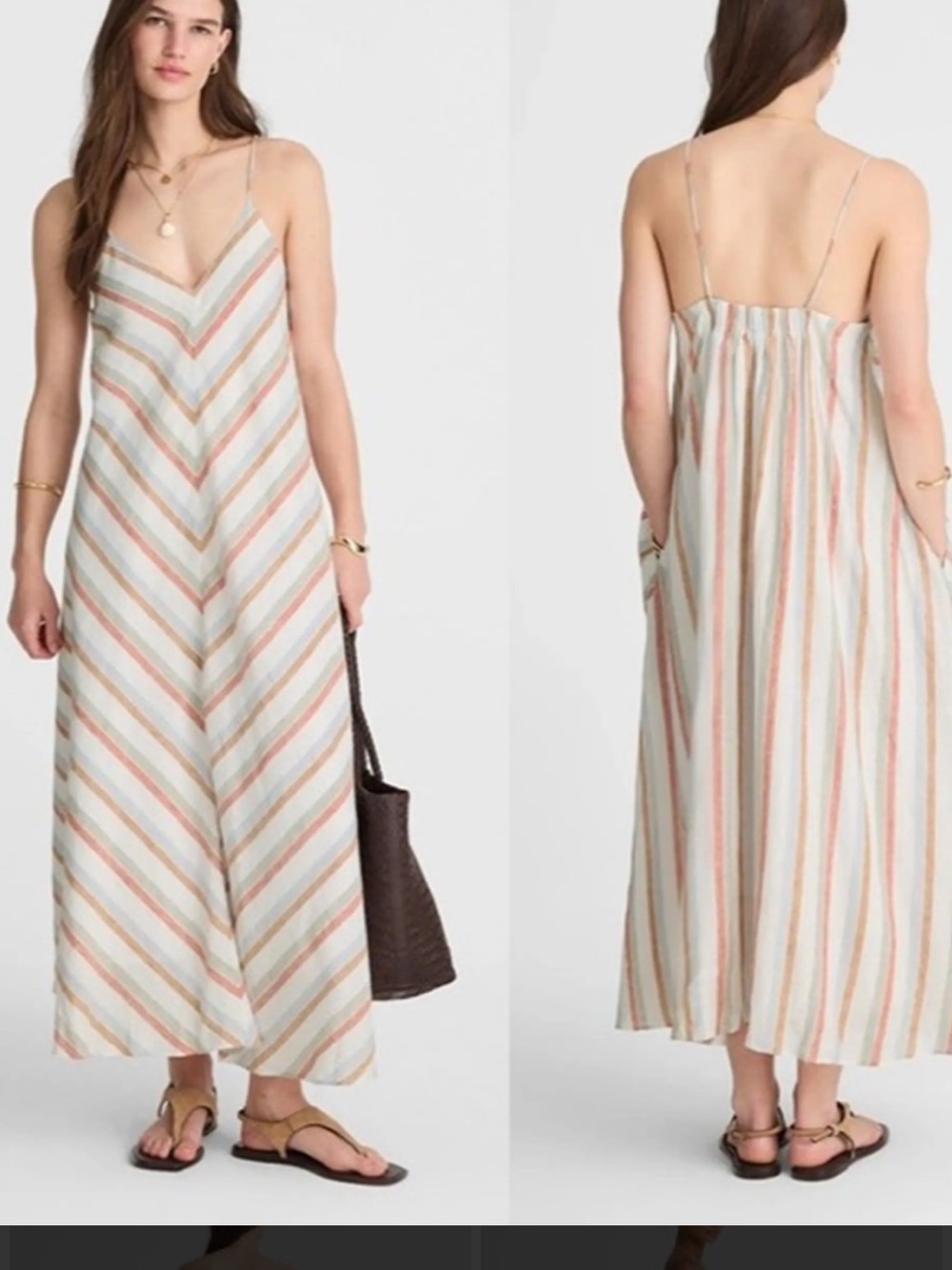 Madewell linen Maxi Slip Dress chevron stripe. Sz. Small